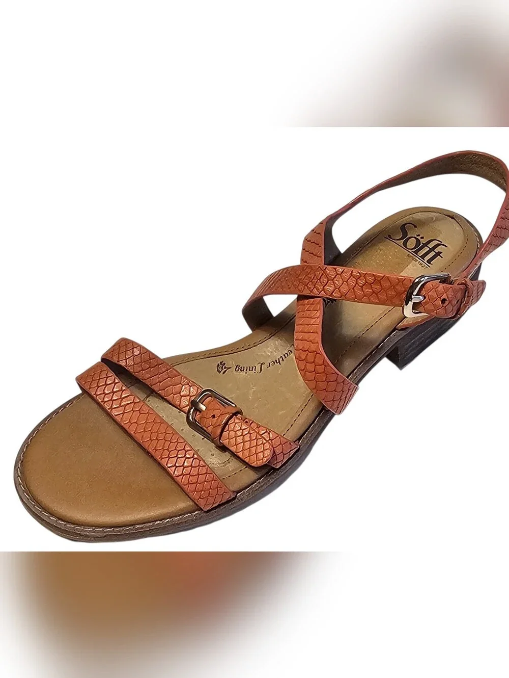 Sofft Nadie II Sandals Sz 8.5 Mango Snake Print Leather Strappy Resortwear Comfy